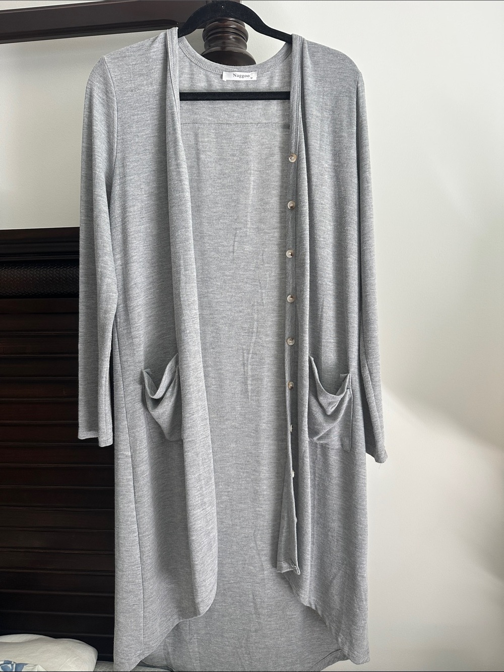 Light Gray Long Knit Robe with Buttons and Pockets